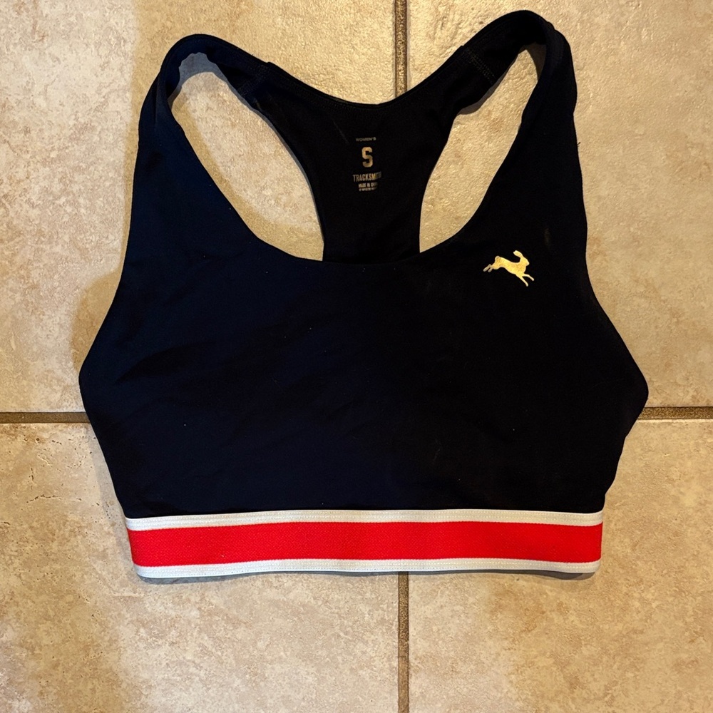 Tracksmith Black Racerback Sports Bra with Red and White Band
